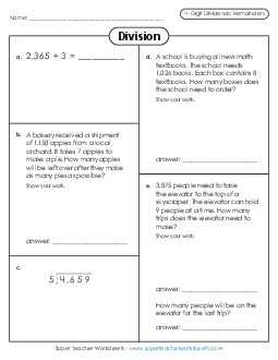 Variety Worksheet: 4-Digit Dividends (w/ Remainders) Division Worksheet