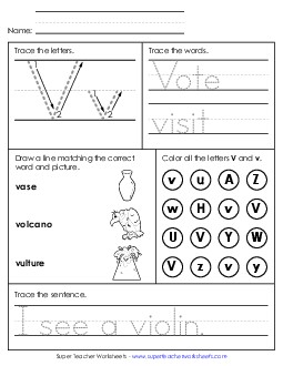 Letter V - Mixed Skills (Intermediate) Alphabet Worksheet