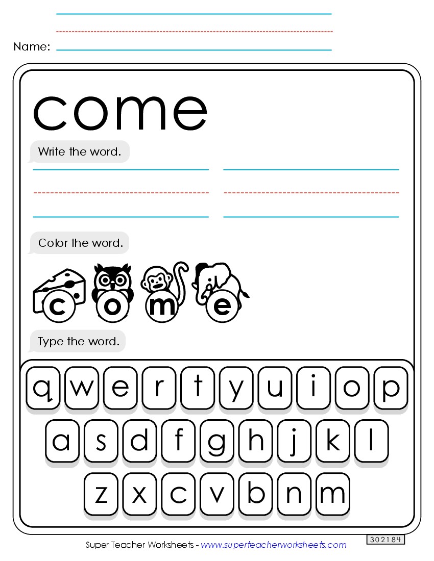 Write, Color, Type: Come Sight Words Individual Worksheet