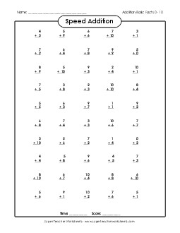 Speed Addition 0-10 (Version 2) Worksheet