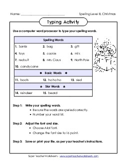 Typing Activity (B-Christmas) Spelling B Worksheet