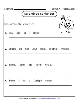 Scrambled Sentences (A-Halloween)  Spelling A Worksheet