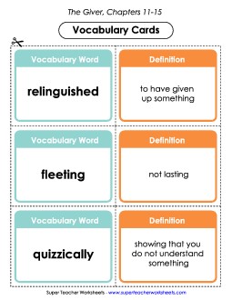 Vocab. Cards for Chapters 11-14 Book The Giver Worksheet