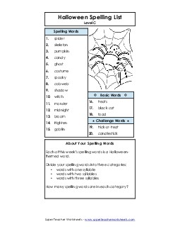 Spelling List (C-Halloween)  Spelling C Worksheet