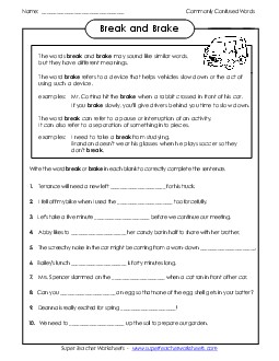 Break and Brake Commonly Confused Words Worksheet