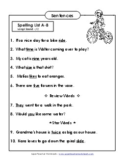 Spelling Test Sentences (A-8)  Spelling A Worksheet