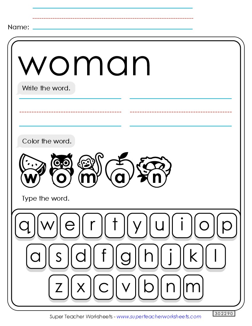 Write, Color, Type: Woman Sight Words Individual Worksheet