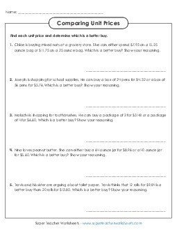 Comparing Unit Rate \'Find the Better Buy\' Worksheet