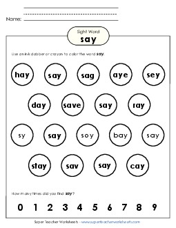 Dab or Color: Say Sight Words Individual Worksheet