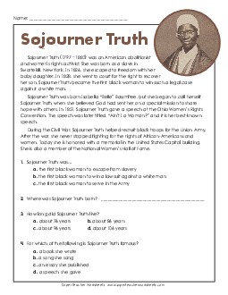 Sojourner Truth (Short Article) 5th Grade Reading Comprehension Reading Comp Short Worksheet