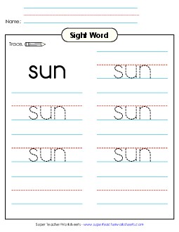 Trace the Word: Sun Free Sight Words Individual Worksheet