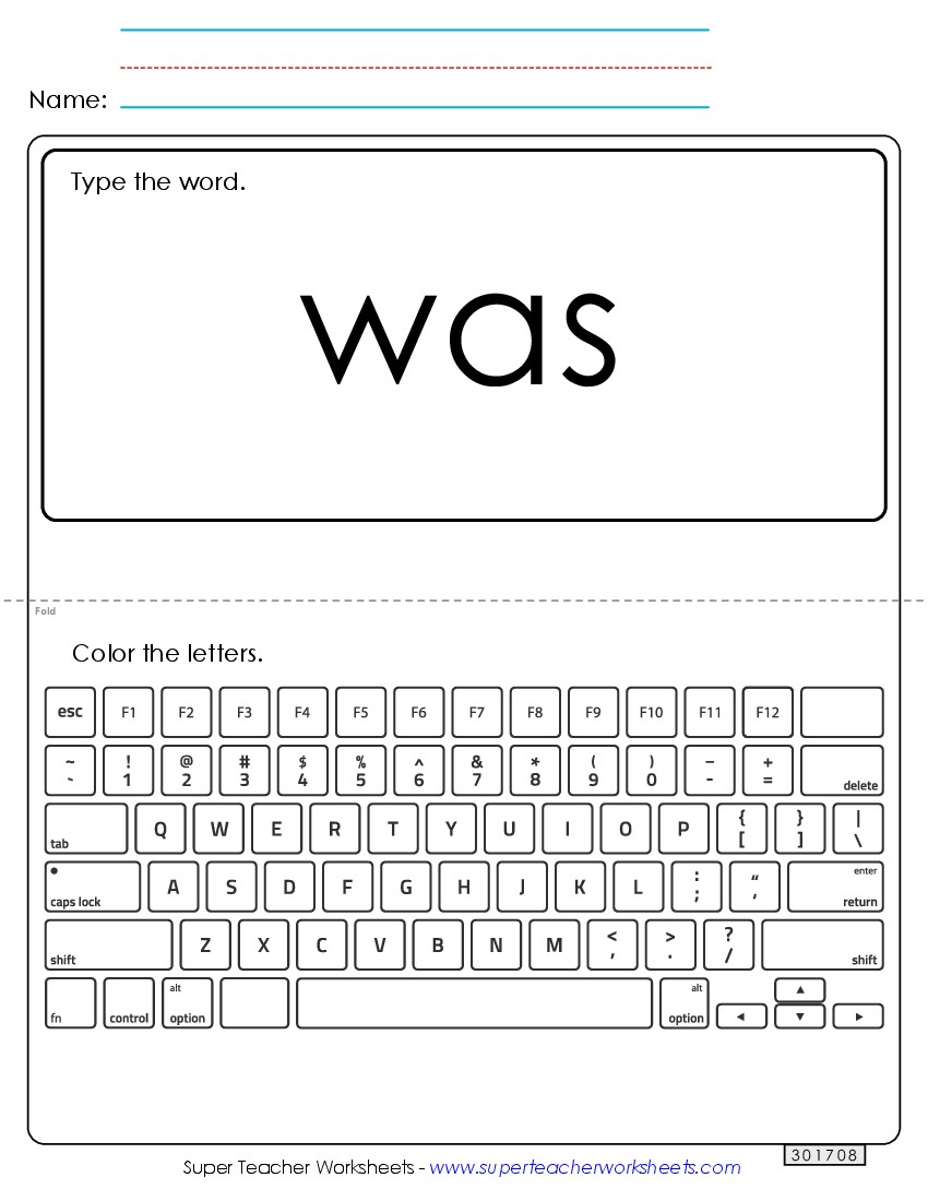 Type the Word: Was Sight Words Individual Worksheet