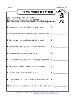 Correct or Incorrect? (C-2) Free Spelling C Worksheet