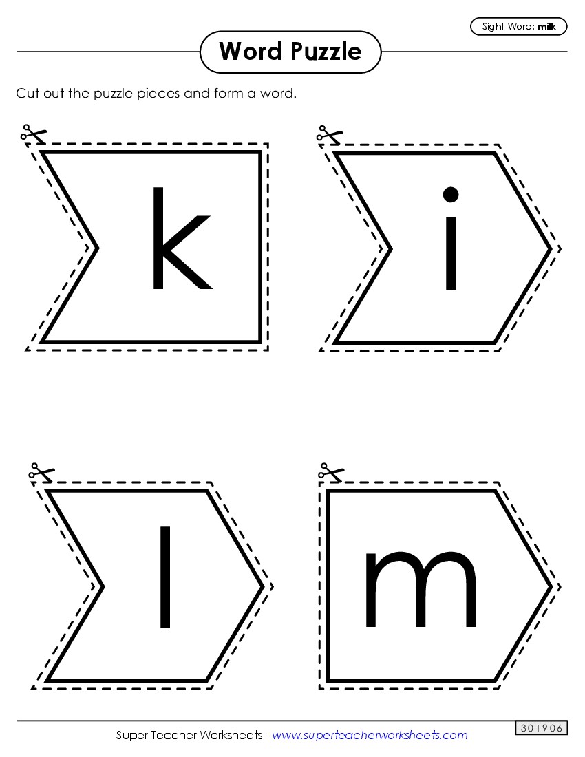 Word Puzzle: Milk Sight Words Individual Worksheet