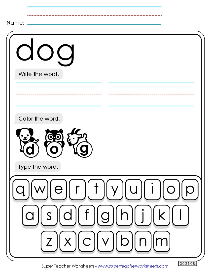 Write, Color, Type: Dog Sight Words Individual Worksheet