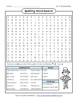 Word Search Puzzle (D-Thanksgiving)  Spelling D Worksheet