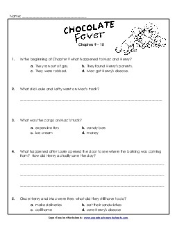 Questions for Chapters 9-10 Book Chocolate Fever Worksheet