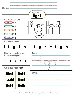 Worksheet 4: Light Sight Words Individual Worksheet