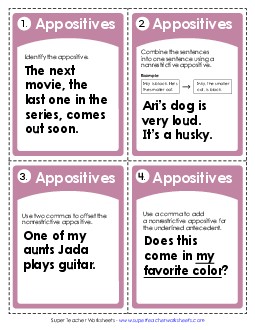 New Appositives Task Cards Worksheet