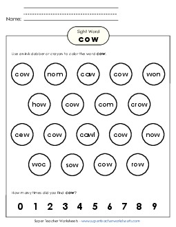 Dab or Color: Cow Sight Words Individual Worksheet