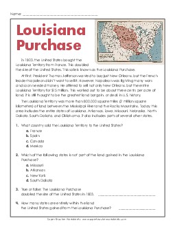 Louisiana Purchase 4th Grade Reading Comprehension Reading Comp Short Worksheet