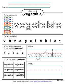 Worksheet 4: Vegetable Free Sight Words Individual Worksheet