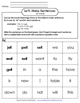 Make Sentences: Word Cards (-et) Word Families Worksheet