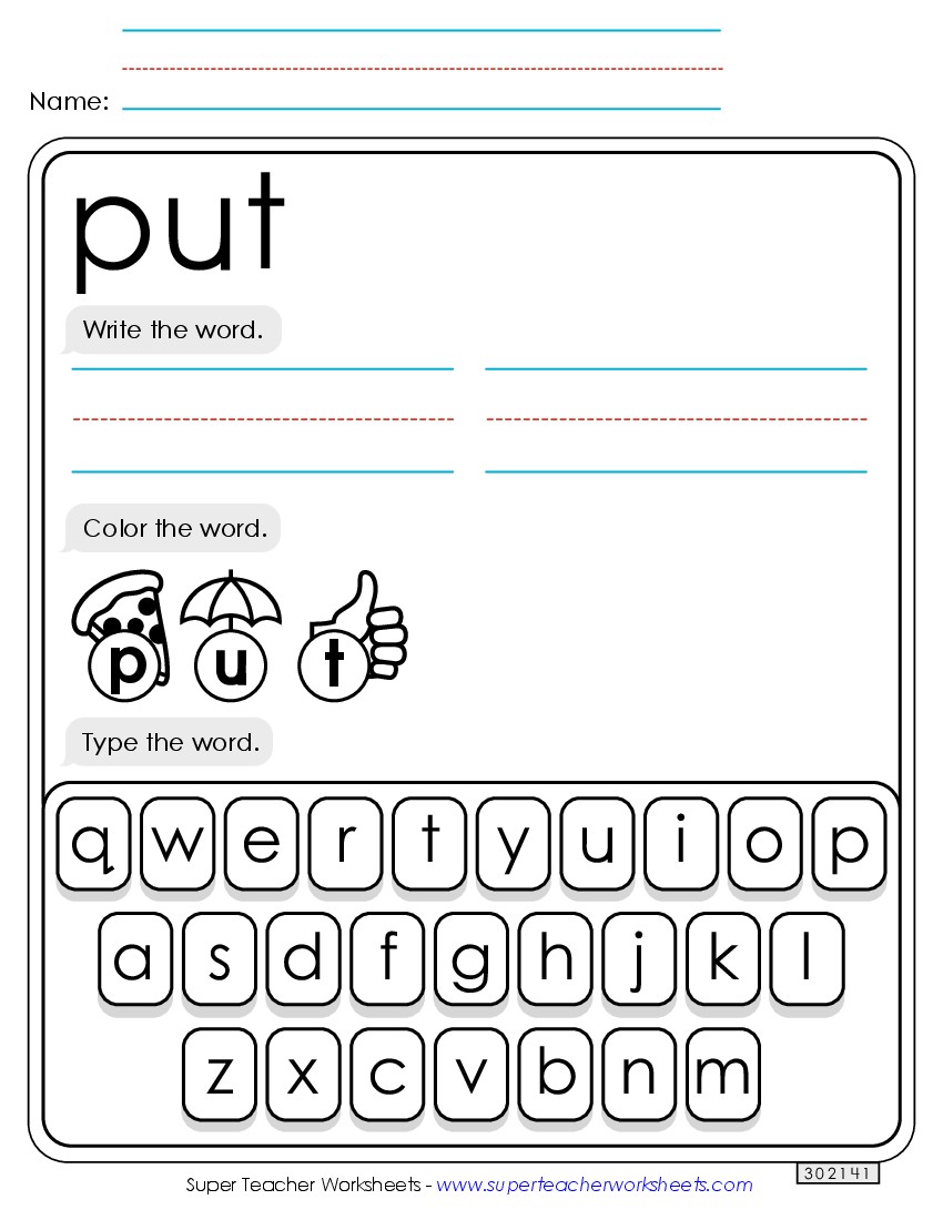 Write, Color, Type: Put Sight Words Individual Worksheet