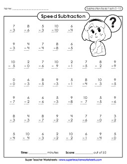 Speed Subtraction 0-10 (Version 2) Worksheet