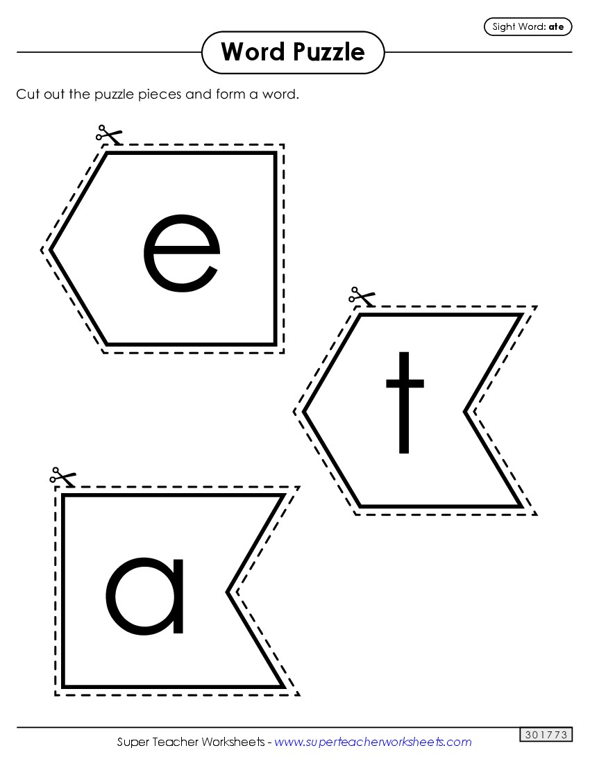 Word Puzzle: Ate Sight Words Individual Worksheet