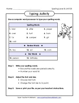 Typing Activity (B-28)  Spelling B Worksheet