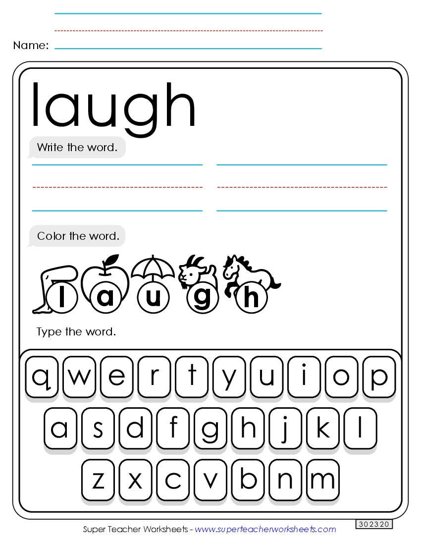 Write, Color, Type: Laugh Sight Words Individual Worksheet