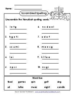 Unscramble (A-Hanukkah)  Spelling A Worksheet