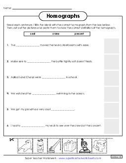 Homographs: Cut and Glue Worksheet 2 Worksheet