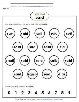 Dab or Color: Said Sight Words Individual Worksheet