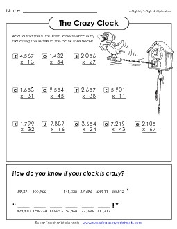 Crazy Clock (Multiply: 4-Digit by 2-Digit) Multiplication Worksheet