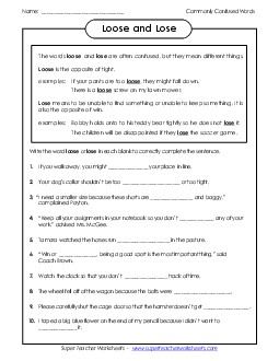 Loose and Lose Commonly Confused Words Worksheet