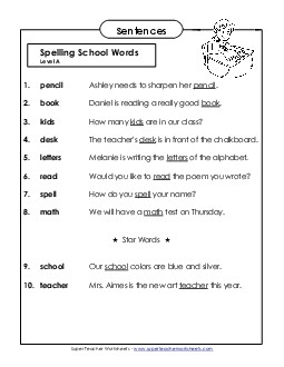 Spelling Test Sentences (A-School Words) Spelling A Worksheet