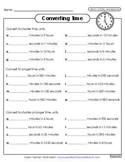 Converting Time (Hours, Minutes, and Seconds) Worksheet