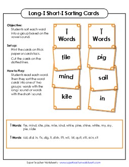 Word Sorting Cards: Long I and Short I Phonics Long Short I Worksheet