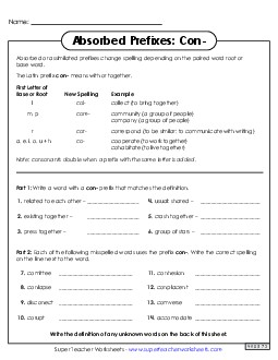 Absorbed Prefixes: Con- Greek Latin Word Parts Worksheet