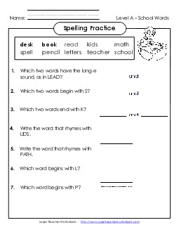 Spelling Practice (A-School Words) Spelling A Worksheet