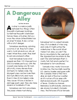 Tornado Alley (Full Article) Reading Comprehension Worksheet