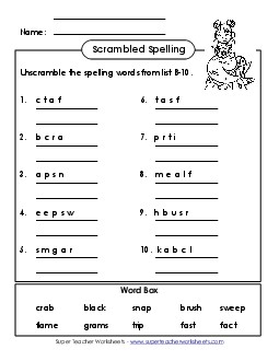 Unscramble the Words (B-10) Spelling B Worksheet