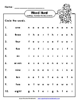 Horizontal Word Hunt (A-Number Words) Spelling A Worksheet