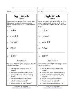 Take-Home List (Unit 25)  Sight Words Worksheet