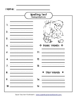 Spelling Test (B-Thanksgiving)  Spelling B Worksheet