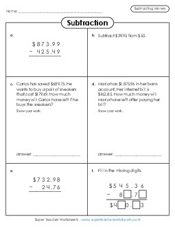 Variety Worksheet: Subtracting Money Subtraction Worksheet