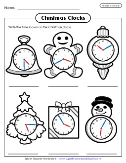 Christmas Clocks Nearest Five Minutes Worksheet