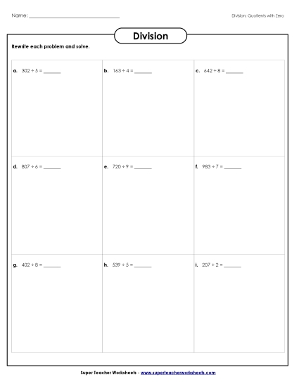 Division Boxes: Quotients with Zero Worksheet